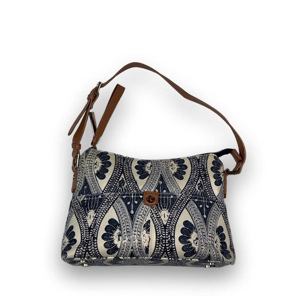 Spartina 449 Linen Leather Shoulder Bag Coastal Geometric Medallion Boho Satchel